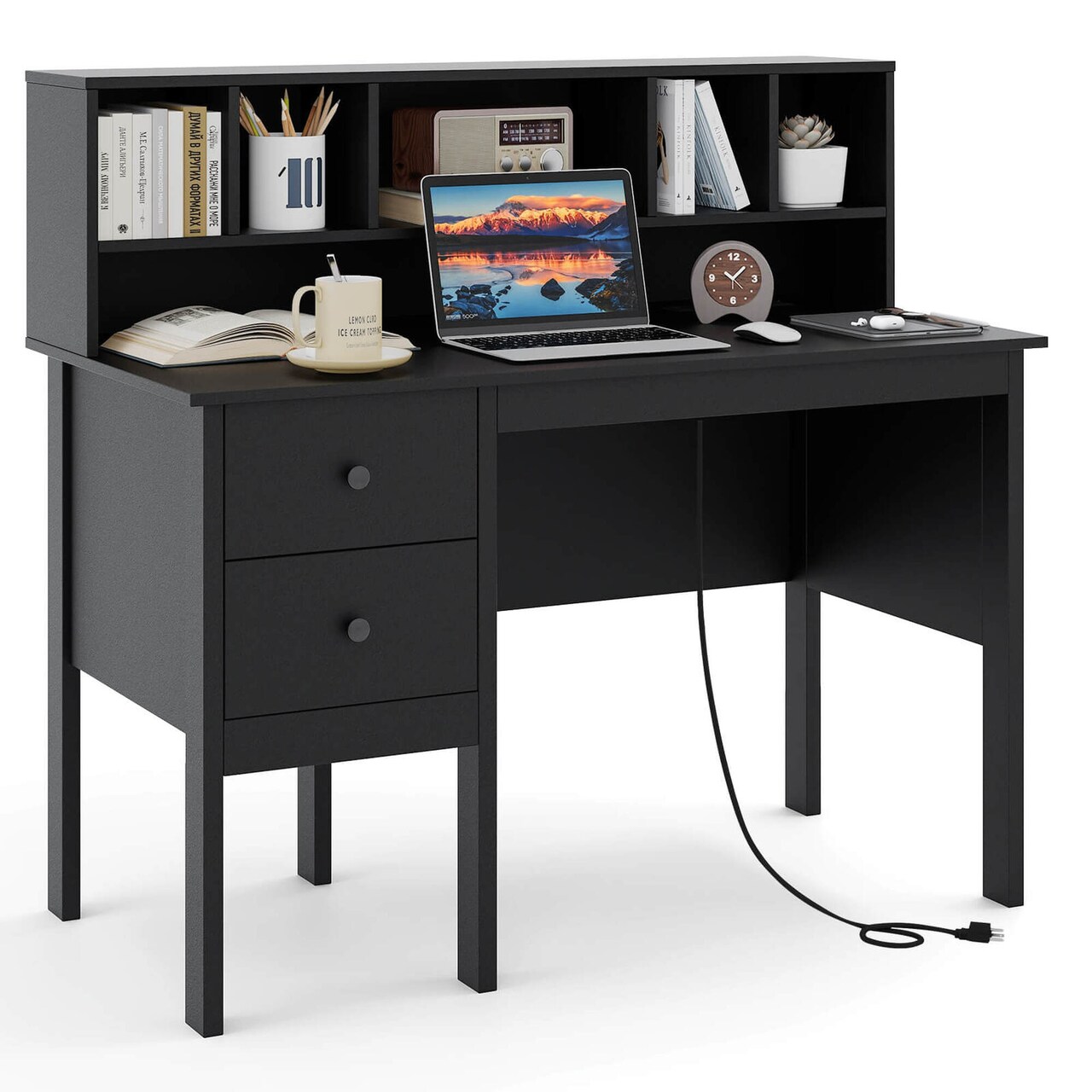 Costway 48" Computer Desk with Power Outlets Type-C 5-Cubby Hutch & 2 Storage Drawers Black/White
